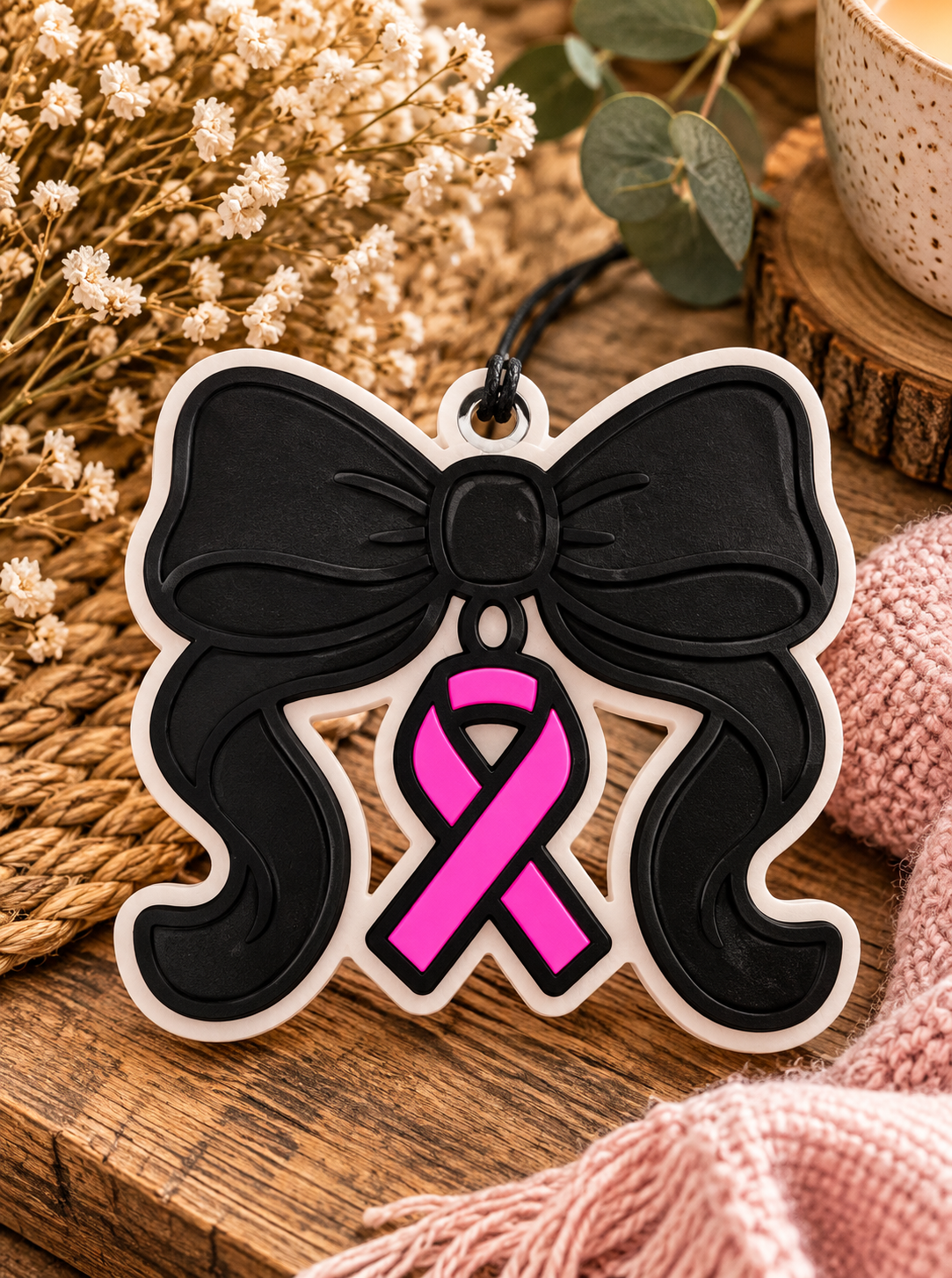 Girly Pop Black Bow Breast Cancer Ribbon Car Freshie