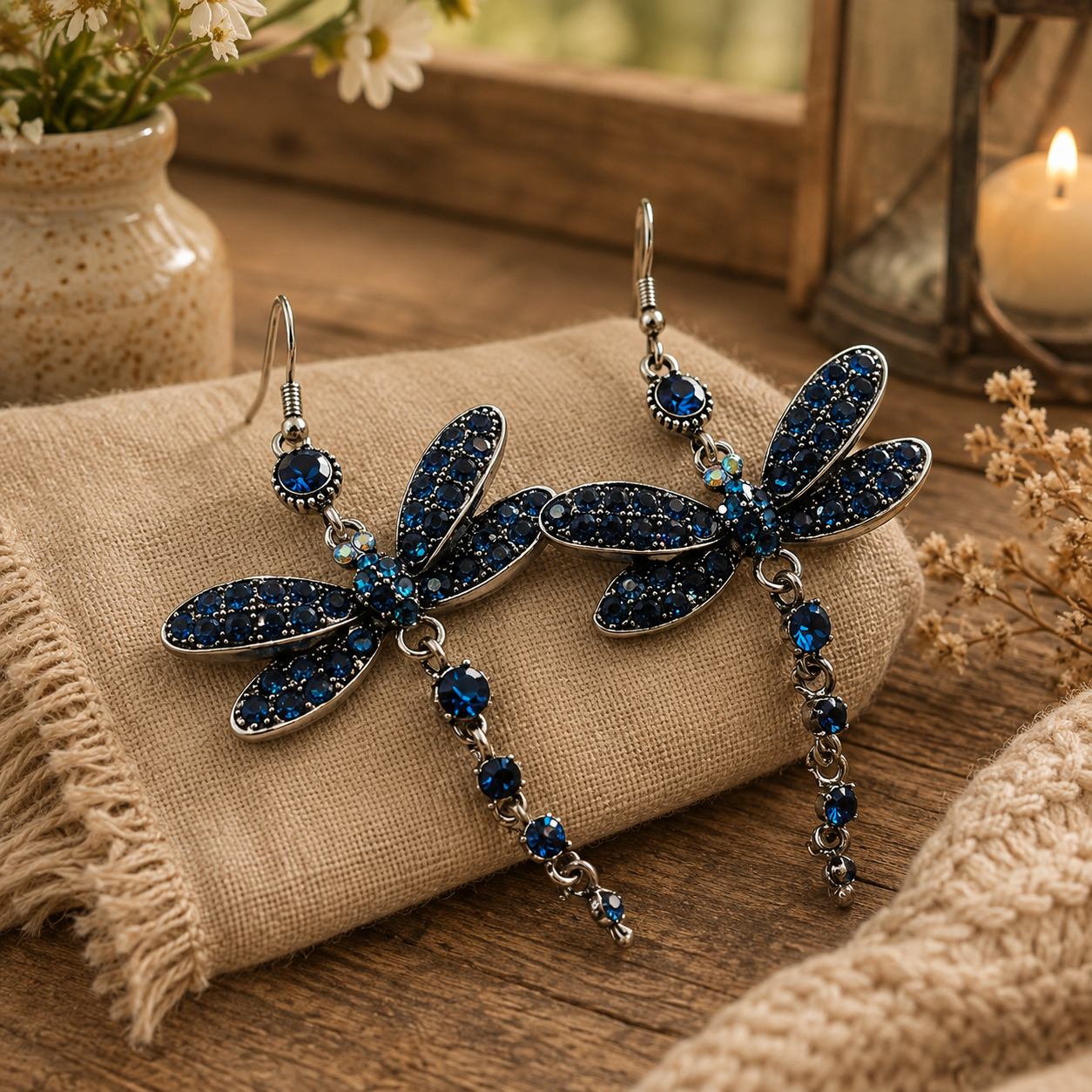 Blue Crystal Dragonfly Drop Earrings