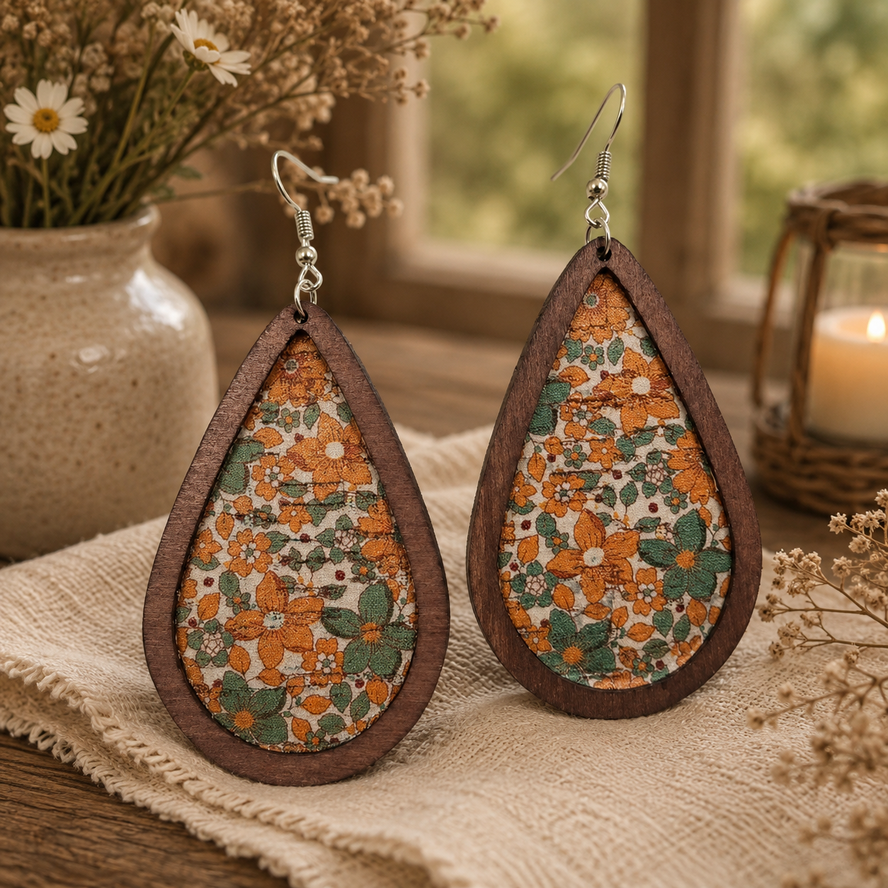 Retro Floral Teardrop Wood Earrings