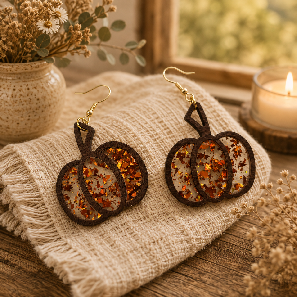 Glitter Resin Pumpkin Wood Earrings