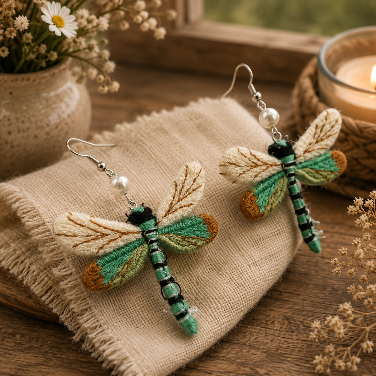 Embroidered Dragonfly Pearl Drop Earrings