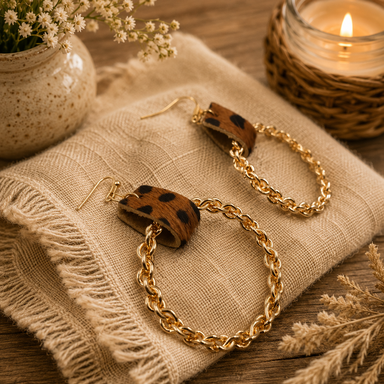 Leopard Print & Gold Chain Hoop Earrings