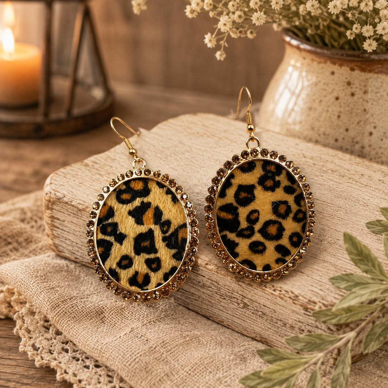 Leopard Print Oval Crystal Rim Drop Earrings