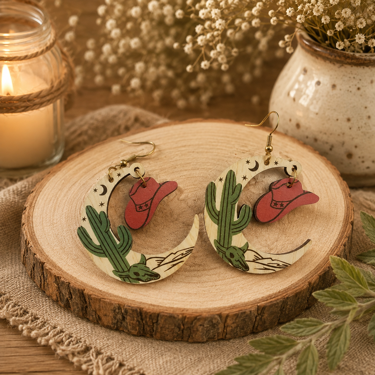 Western Desert Moon Cactus Wood Earrings