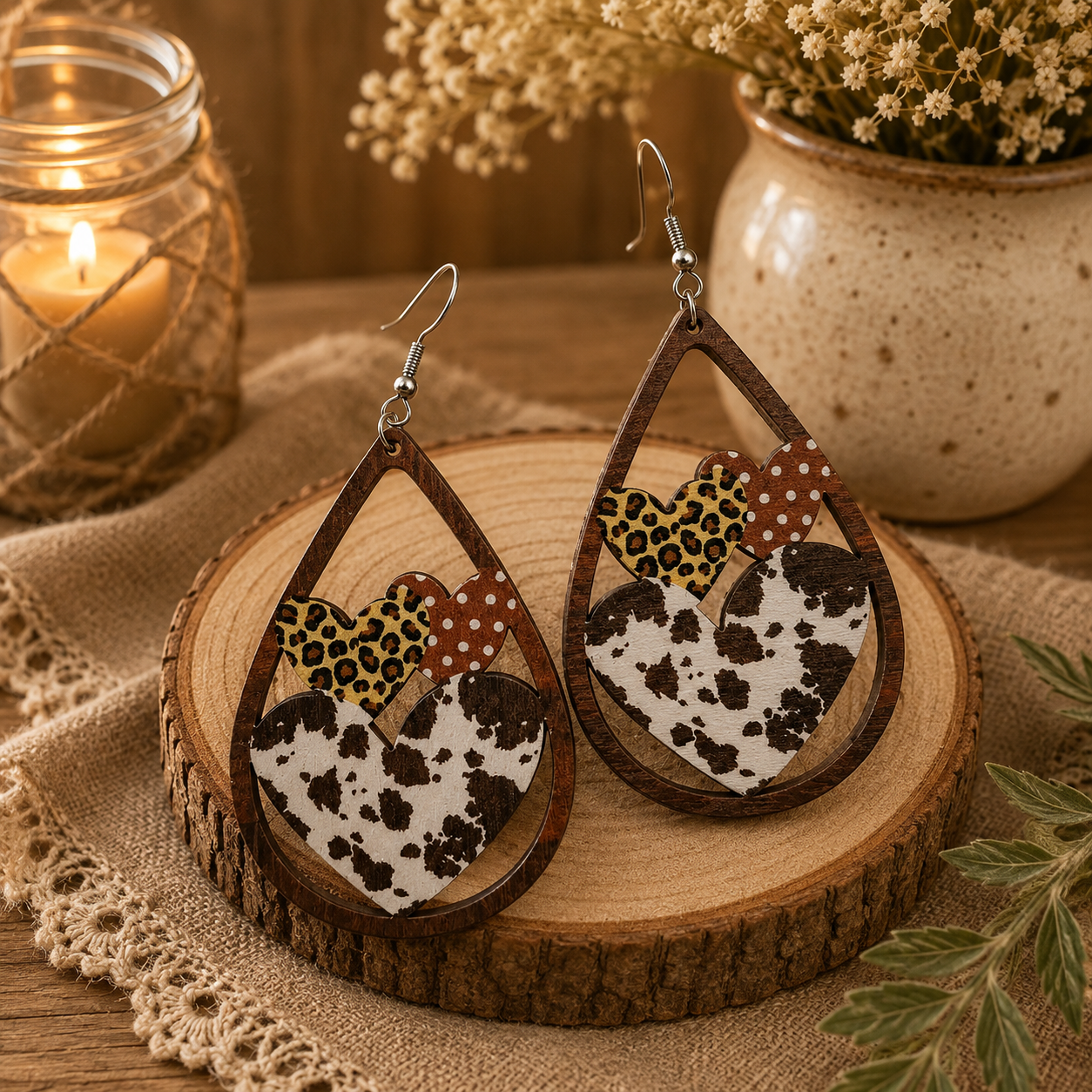 Leopard & Cowhide Heart Teardrop Wood Earrings