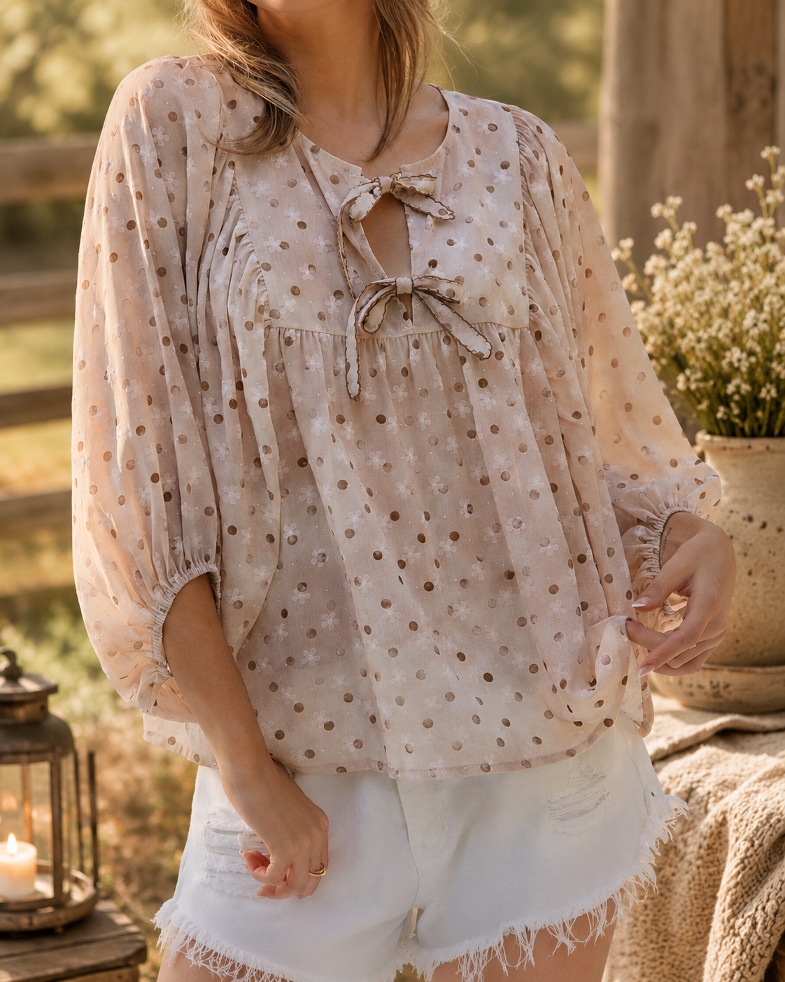 Gold Dot Chiffon Tie-Front Babydoll Blouse