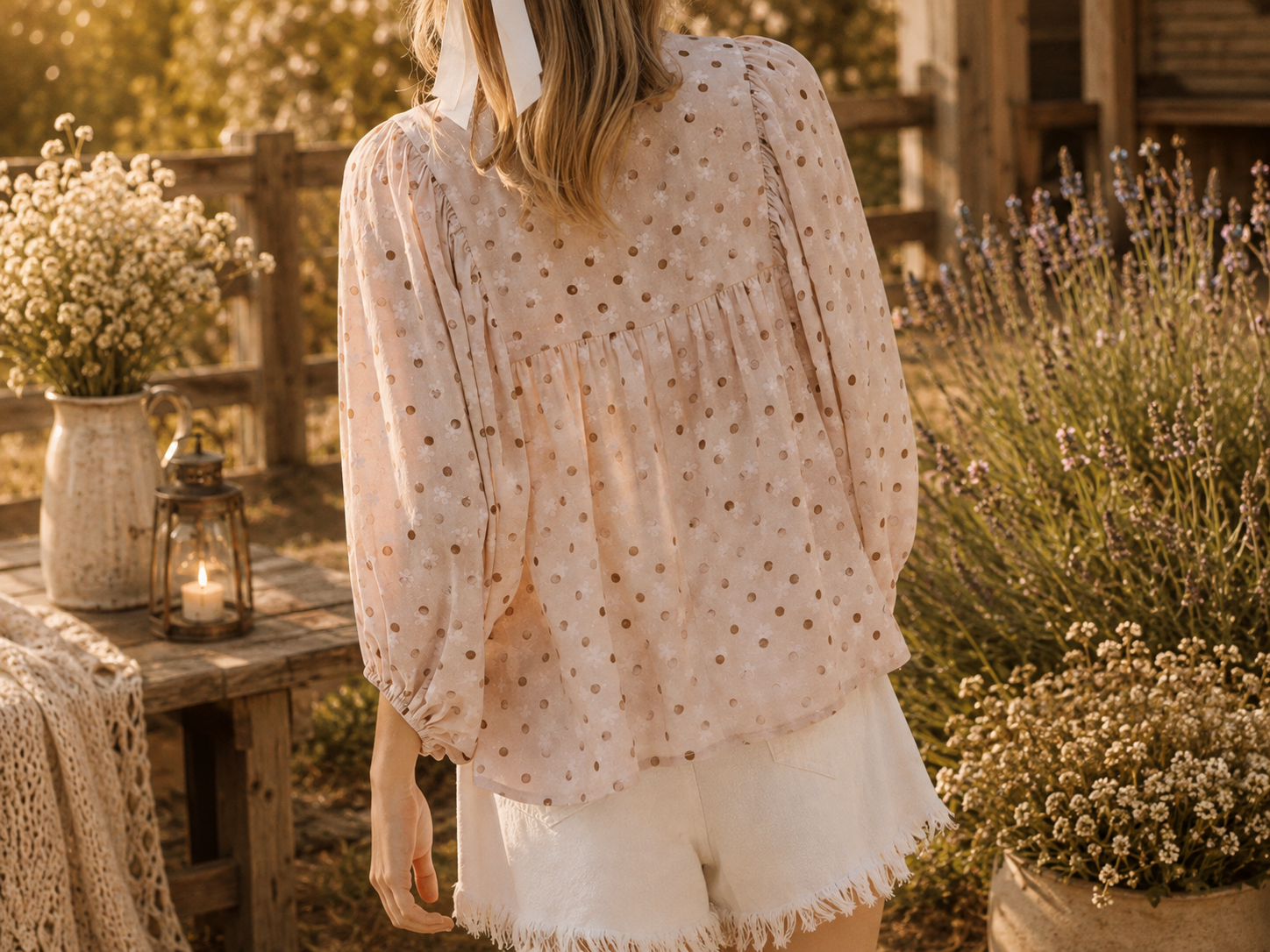 Gold Dot Chiffon Tie-Front Babydoll Blouse