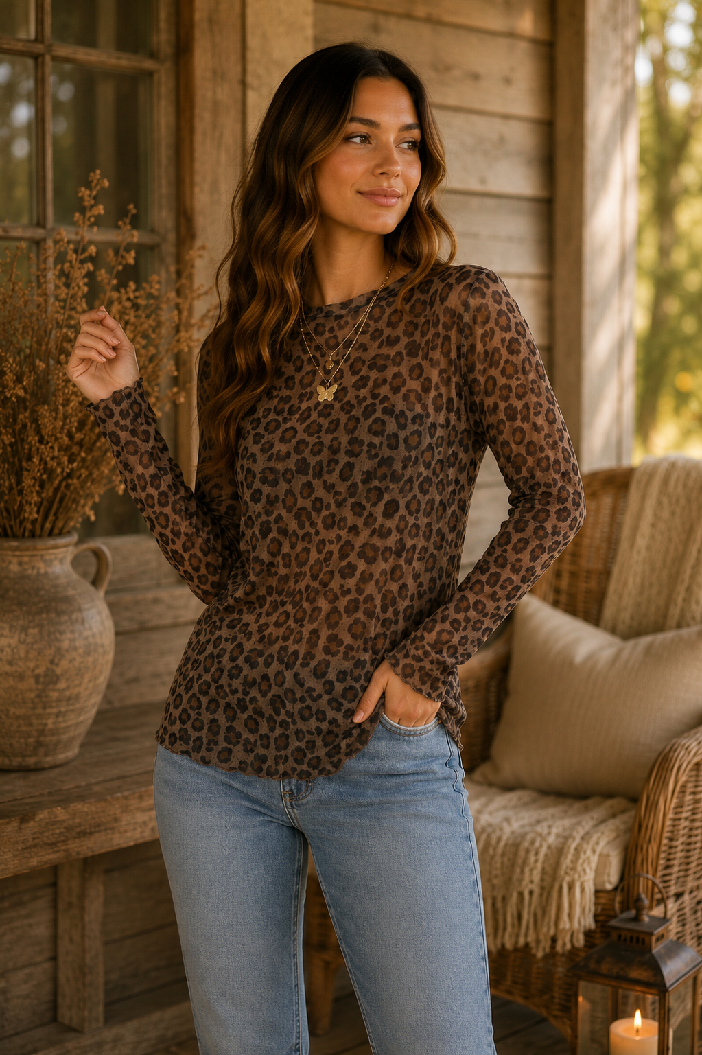 Brown Leopard Print Long Sleeve Fitted Top