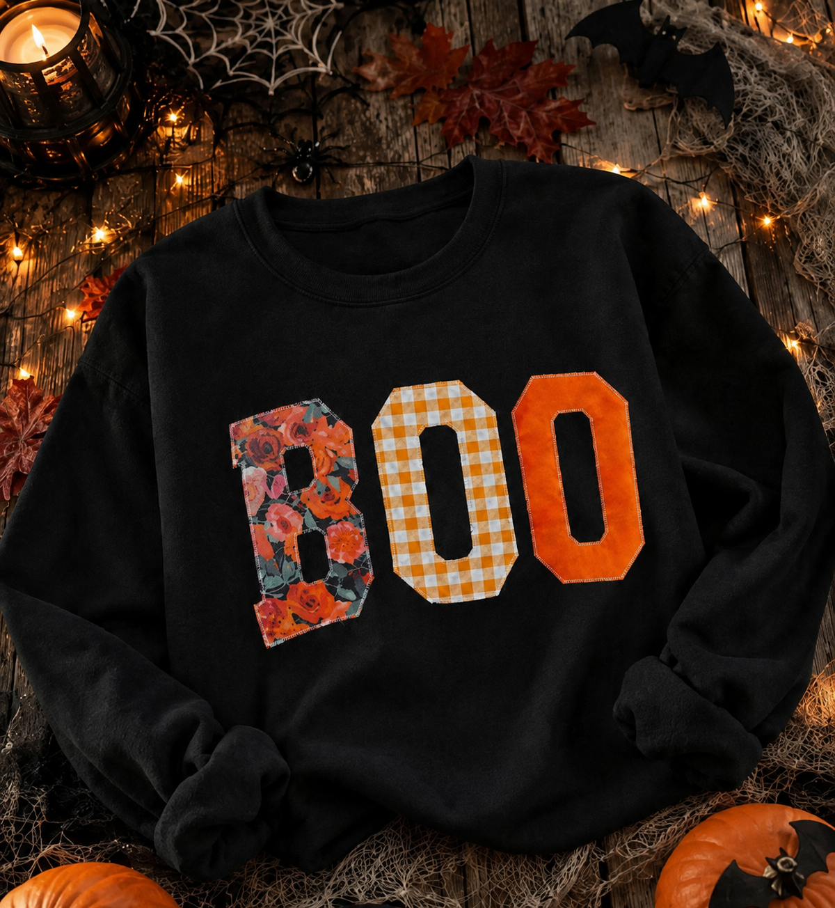 BOO Mixed Print Appliqué Halloween Sweatshirt