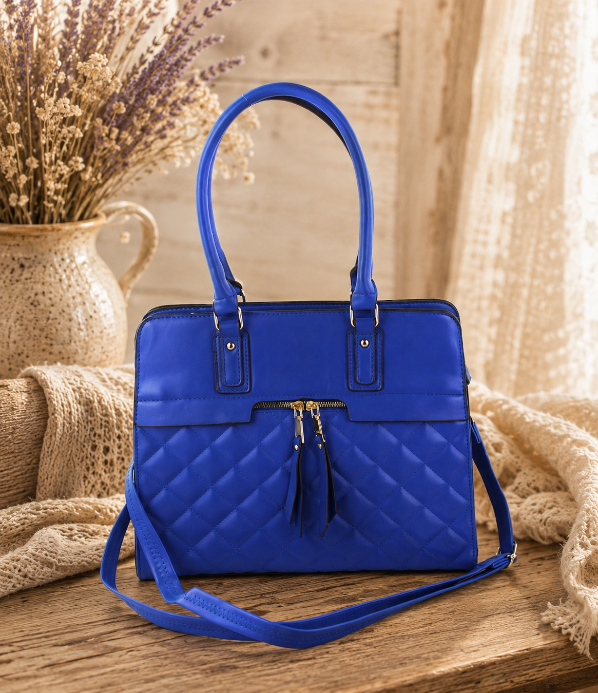 Royal Blue Quilted Tassel Satchel Handbag