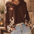 Chocolate Brown Crochet Patch Waffle Knit Top