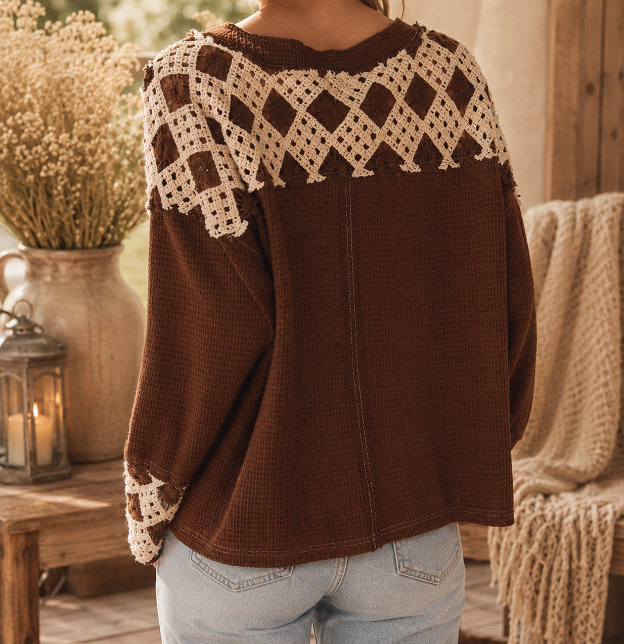 Chocolate Brown Crochet Patch Waffle Knit Top