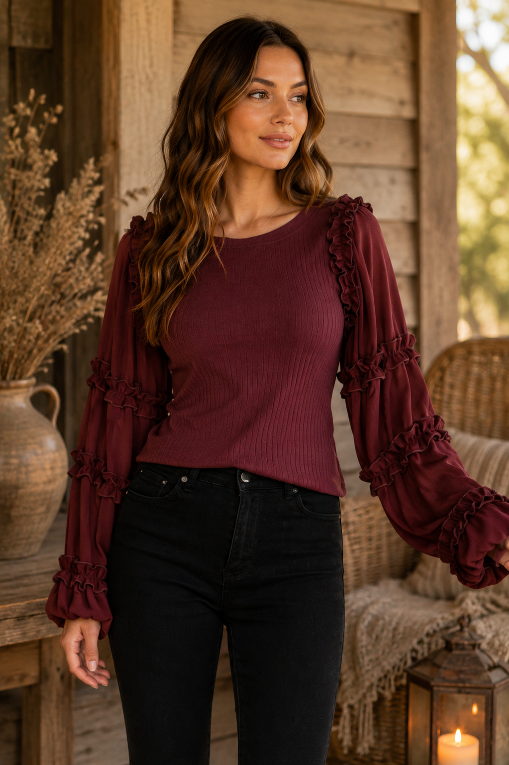 Burgundy Ribbed Ruffle Sleeve Top