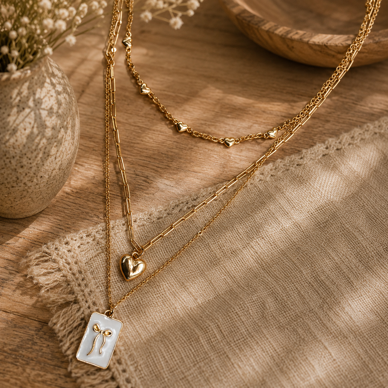 Square Bow Epoxy Charm Layered Necklace