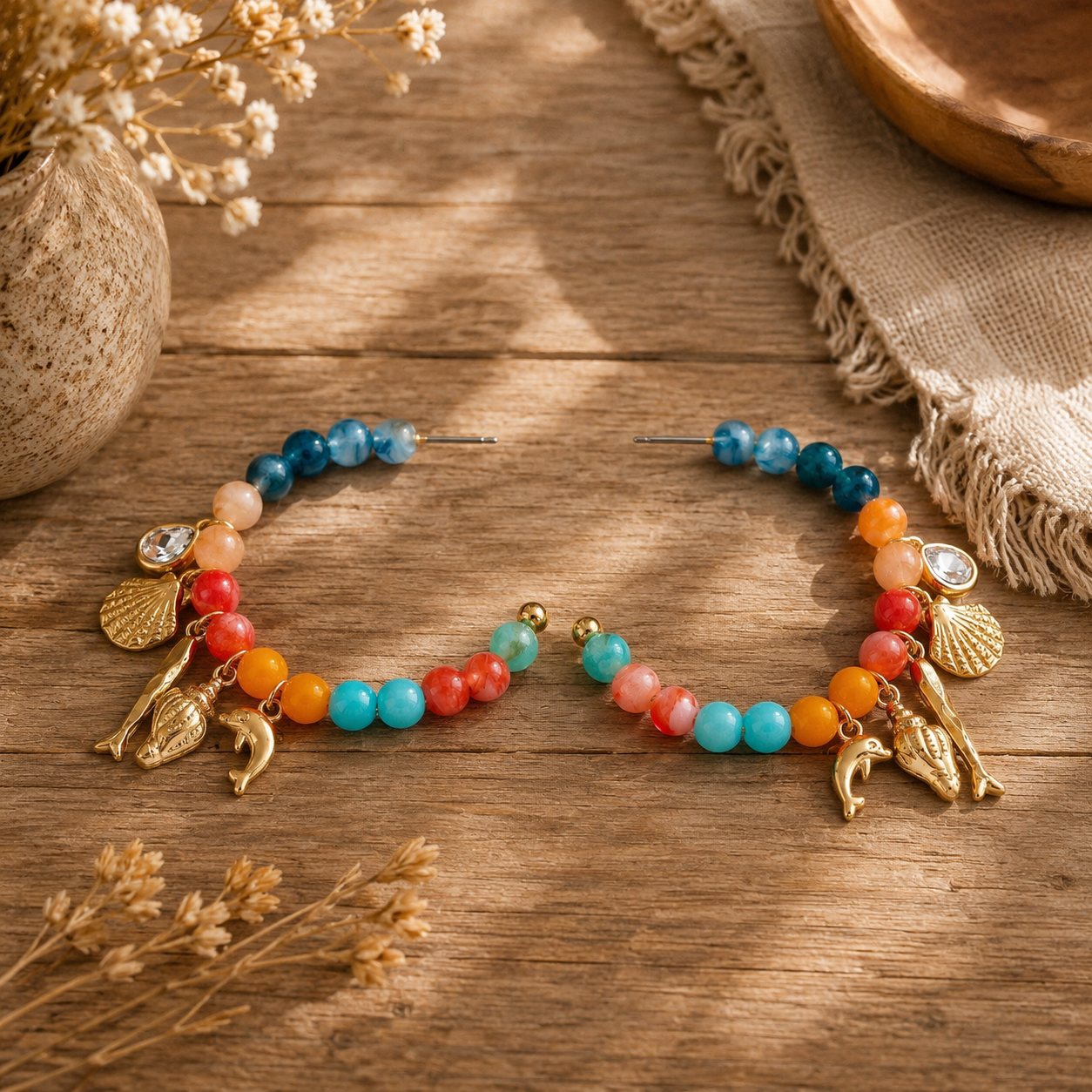 Nautical Multi-Charm Beaded Hoop Earrings