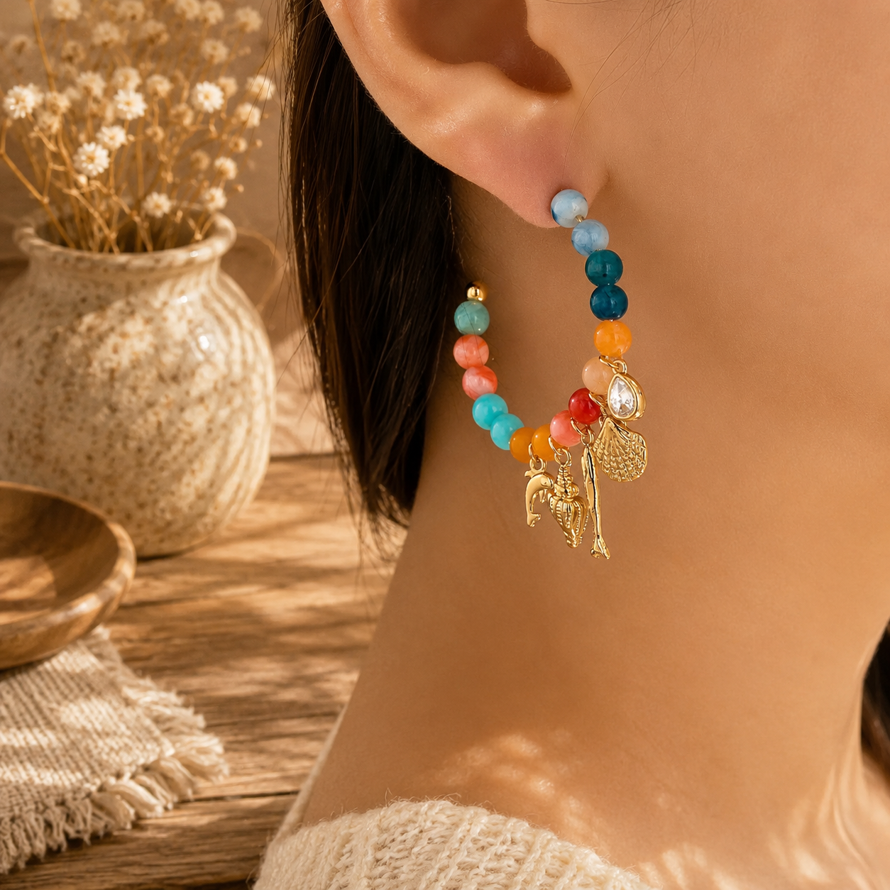Nautical Multi-Charm Beaded Hoop Earrings