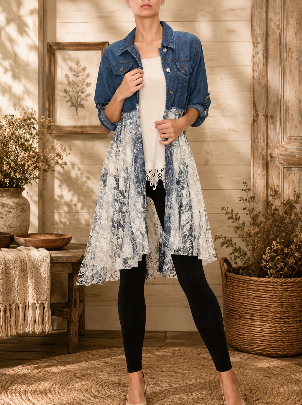 Chic Cropped Denim Lace Layer Jacket