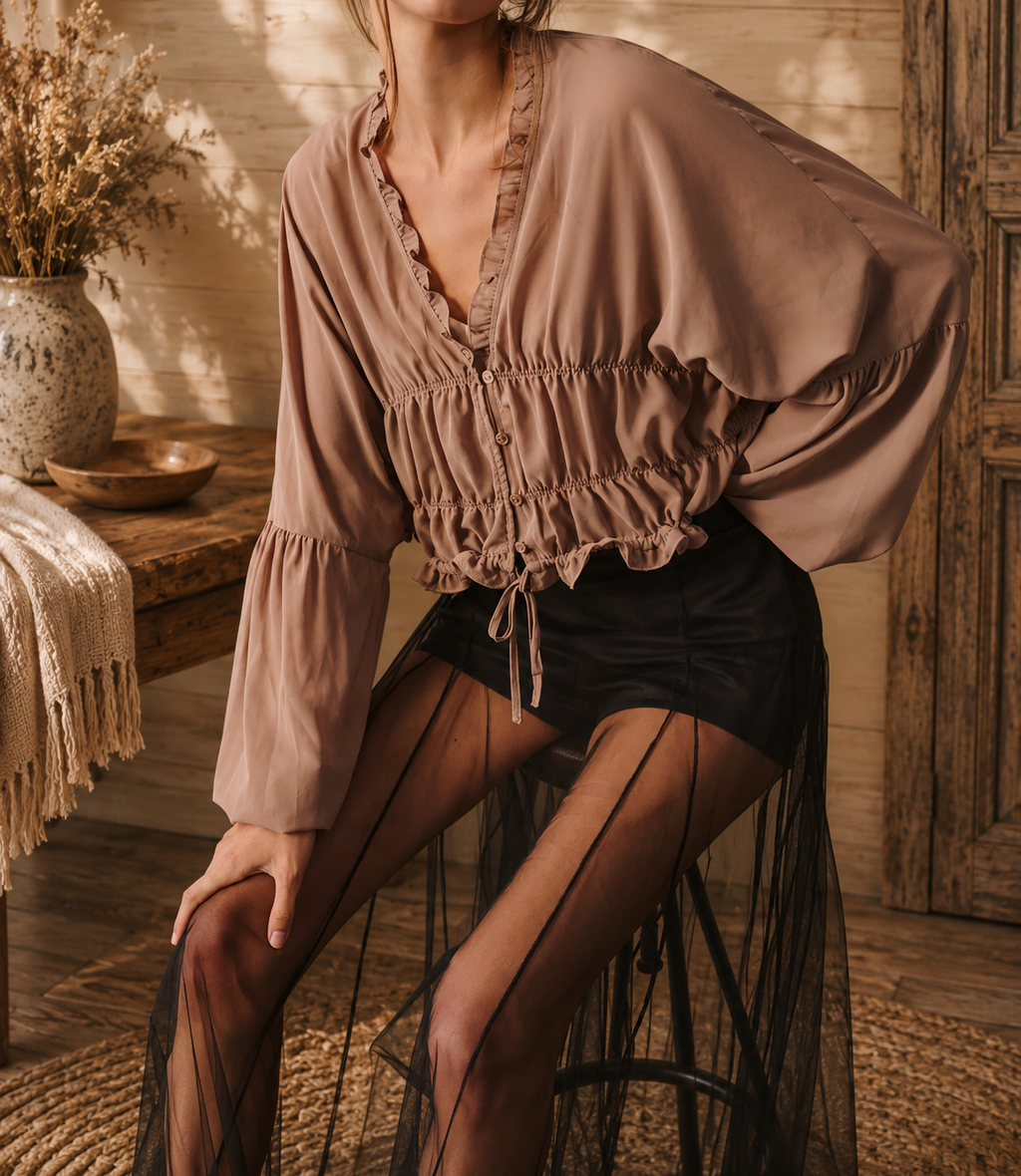 Sheer Ruffle V-Neck Blouse