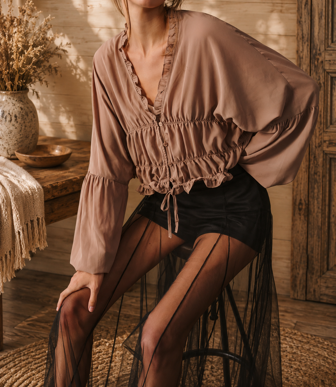 Sheer Ruffle V-Neck Blouse