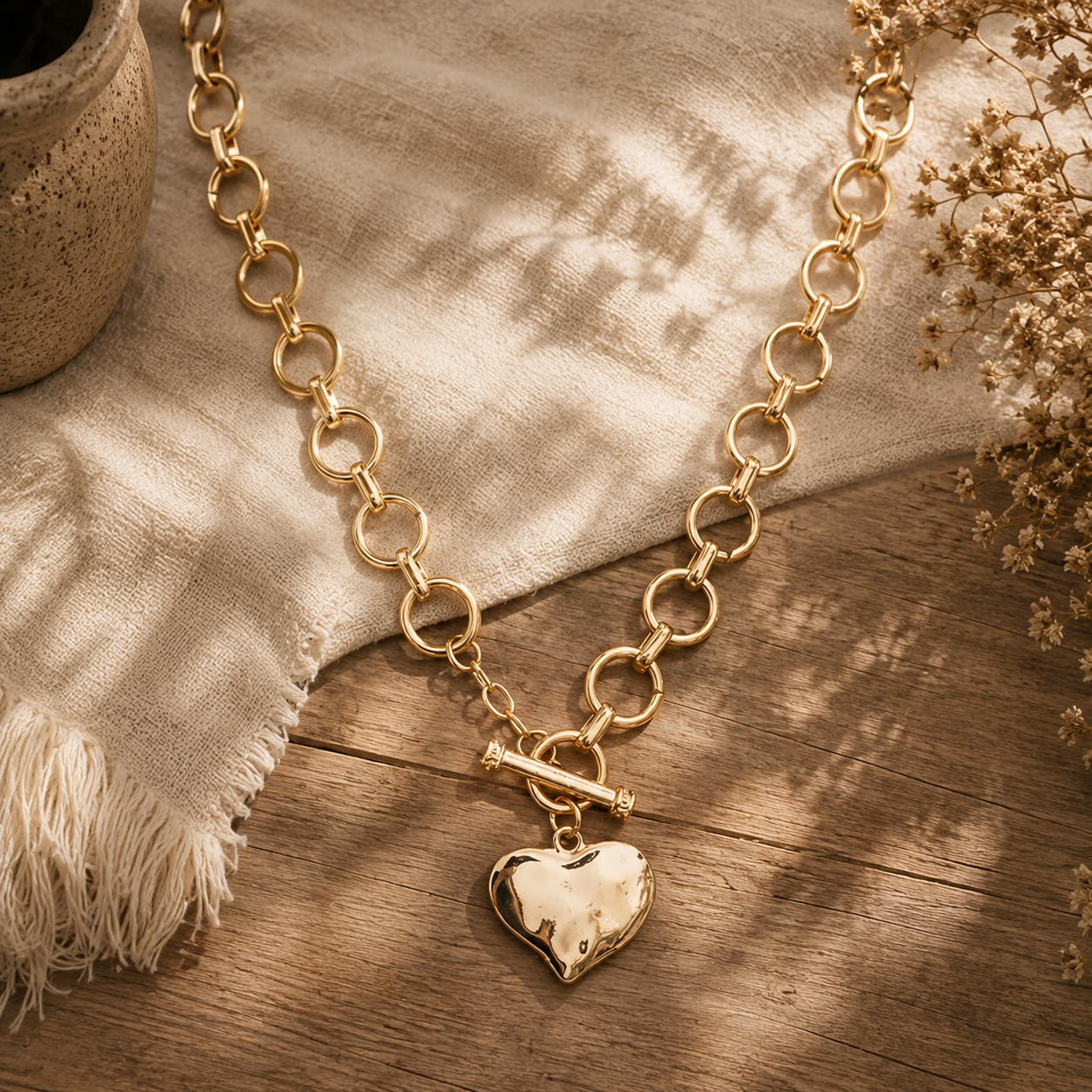 Hammered Heart Front Toggle Necklace