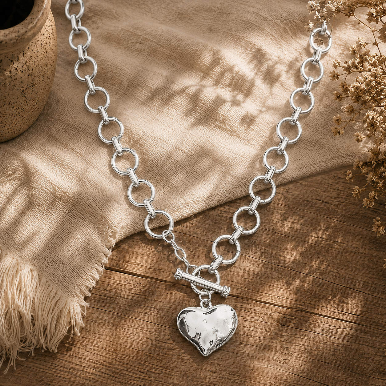 Hammered Heart Front Toggle Necklace