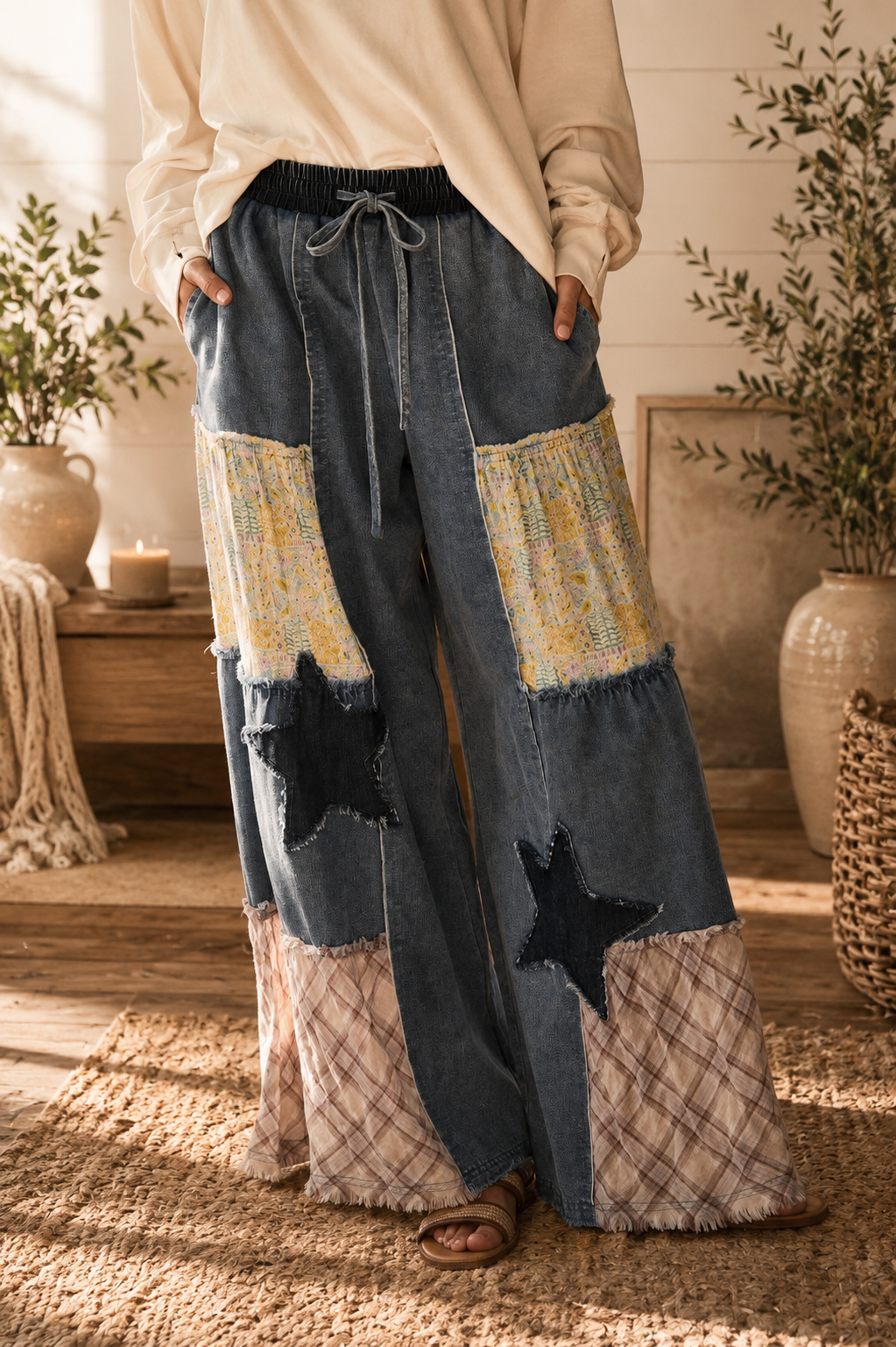 Mixed Fabric Patchwork Wide Leg Pants