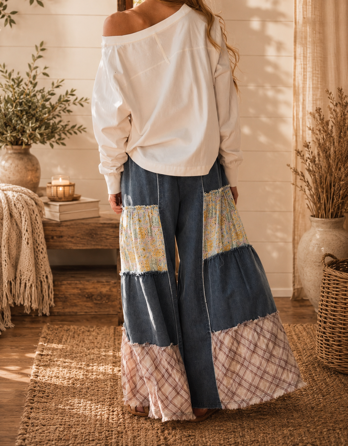 Mixed Fabric Patchwork Wide Leg Pants