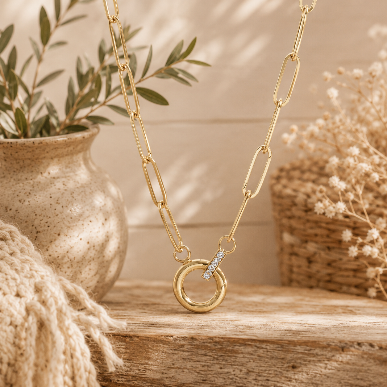 18K Gold PVD Paperclip Rhinestone Charm Holder Necklace