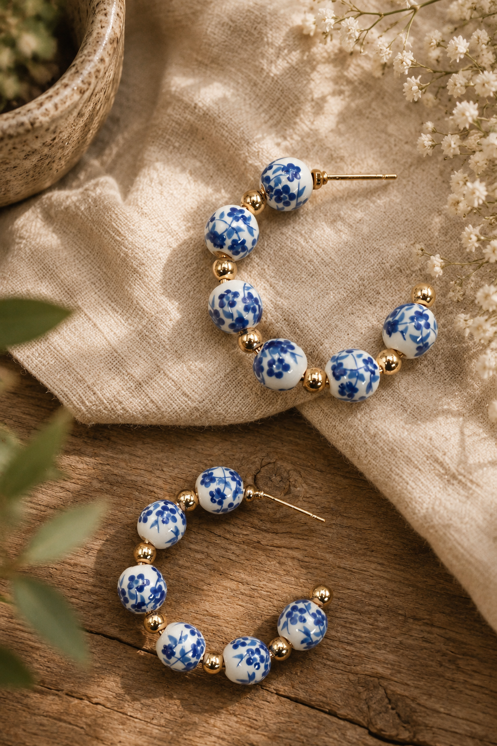 Floral Porcelain 18K Stainless Steel Hoop Earrings
