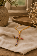 Rainbow Crystal Cross Pendant Necklace, Gold Plated