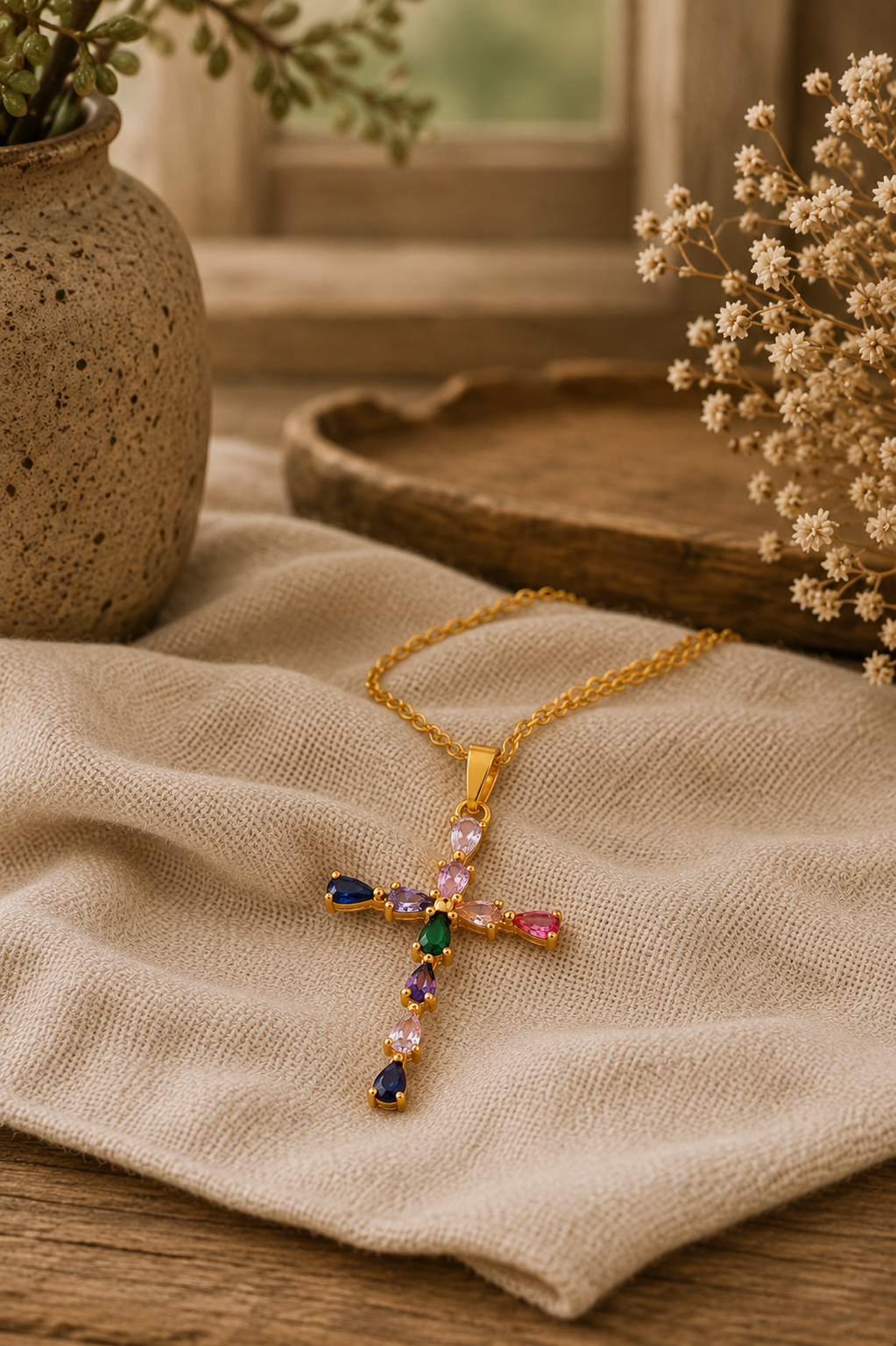 Rainbow Crystal Cross Pendant Necklace, Gold Plated