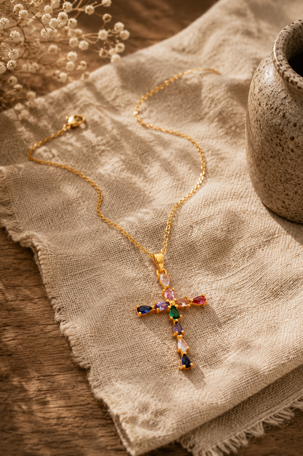 Rainbow Crystal Cross Pendant Necklace, Gold Plated
