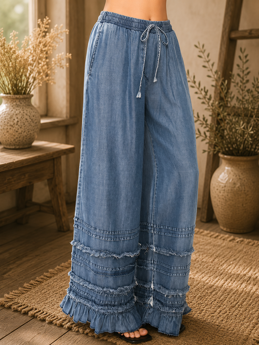 Boho Tiered Chambray Wide Leg Palazzo Pants