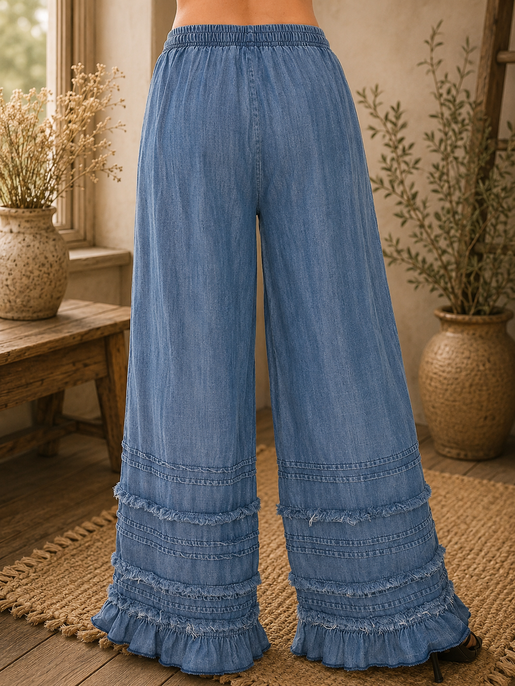 Boho Tiered Chambray Wide Leg Palazzo Pants
