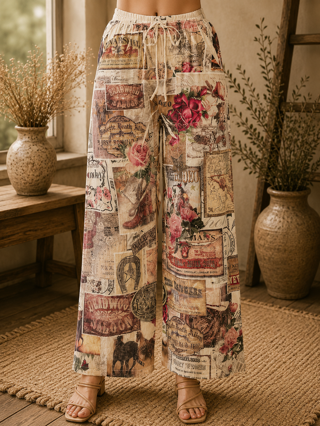 Relaxed Lace Patchwork Pants with Elastic Drawstring