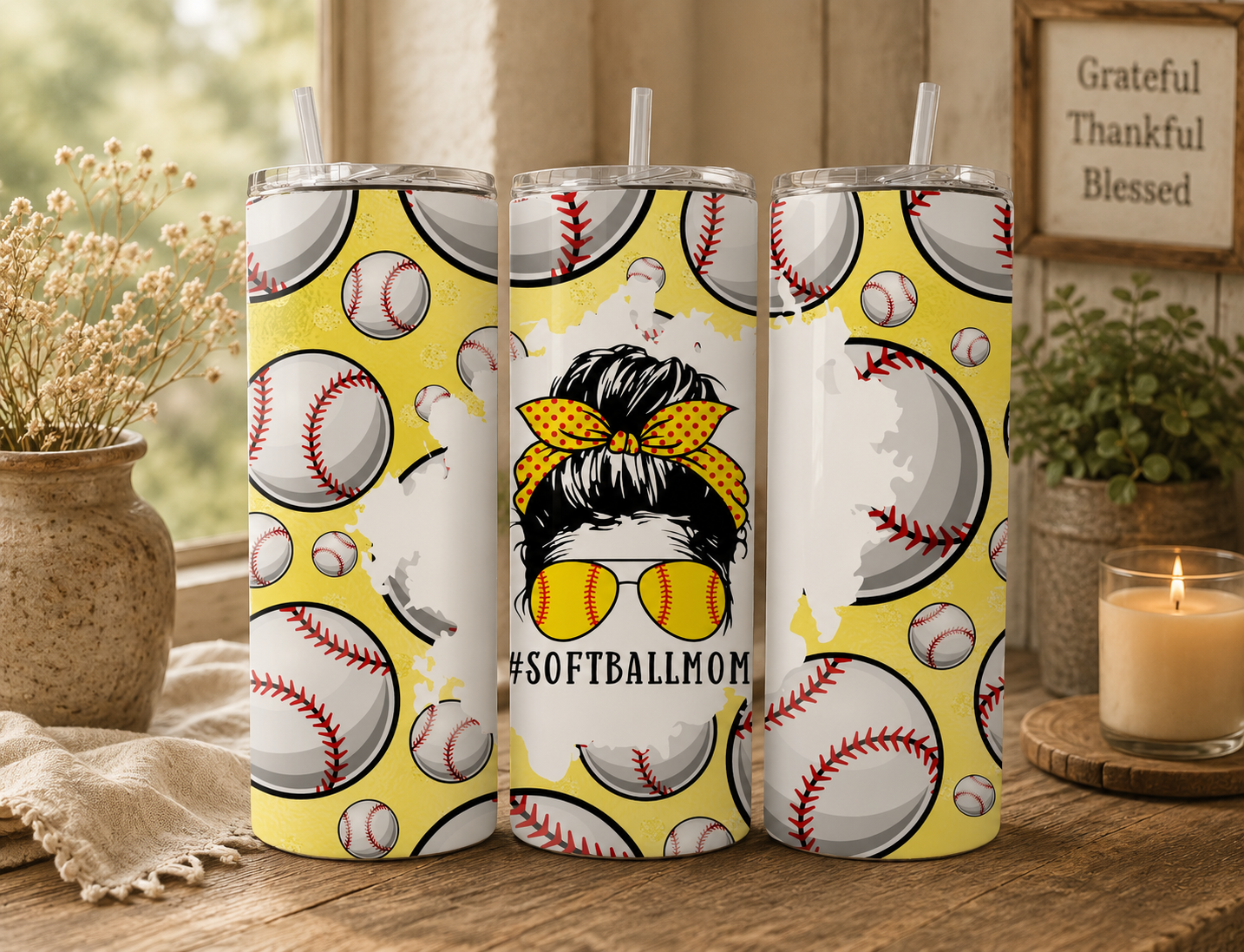 #SoftballMom Messy Bun 20oz Skinny Tumbler
