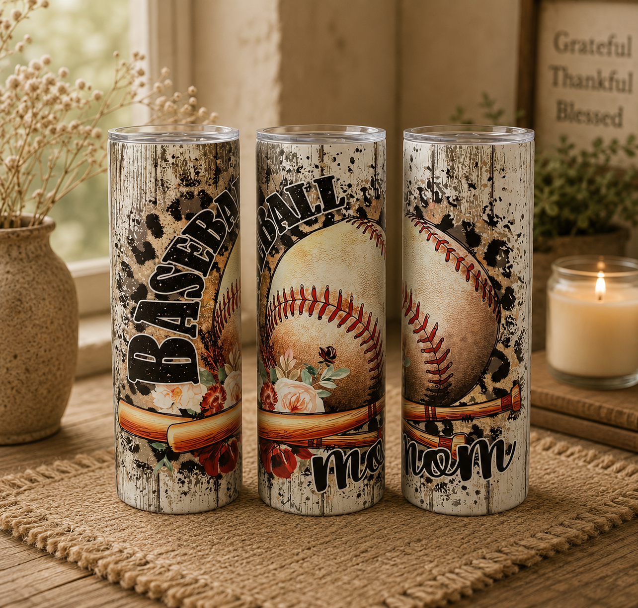 Baseball Mom Floral Leopard 20oz Skinny Tumbler