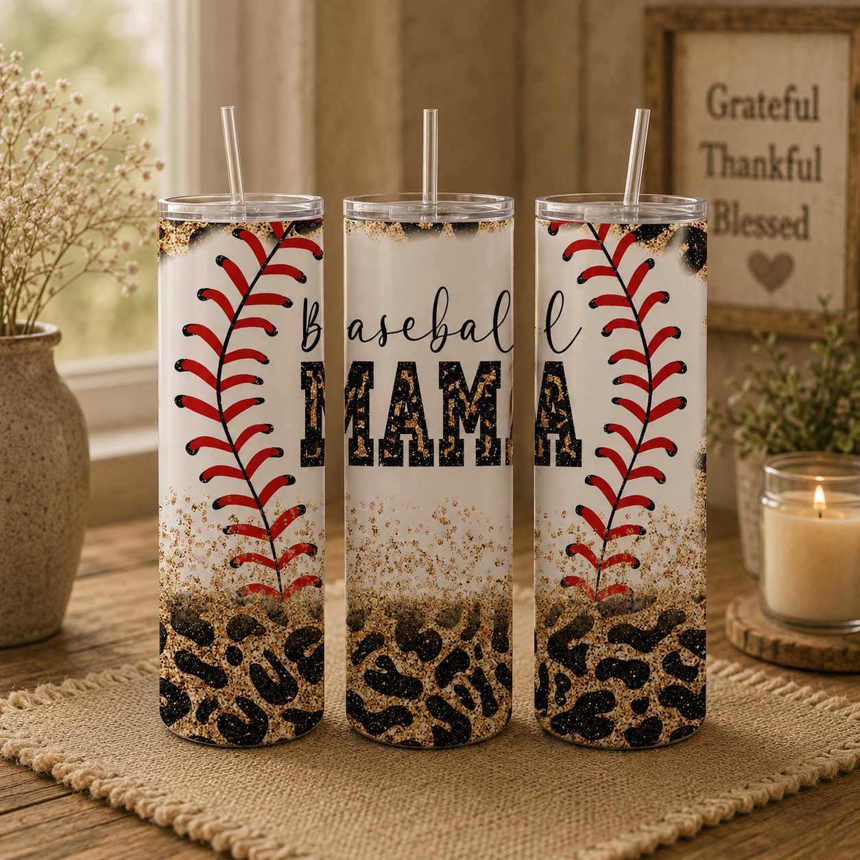Baseball Mama Leopard Glitter 20oz Skinny Tumbler