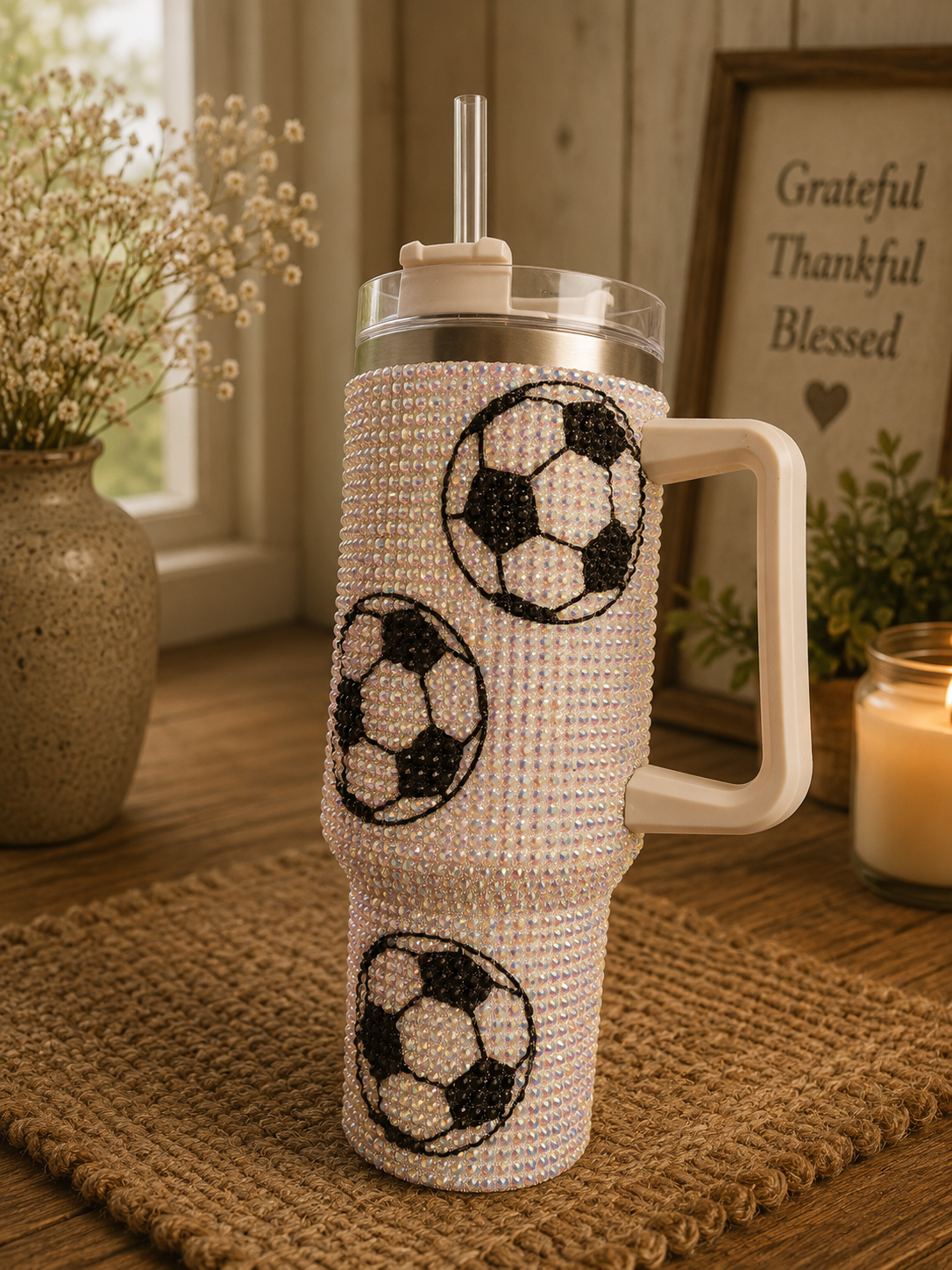 Soccer Ball Rhinestone 40oz Tumbler with Handle