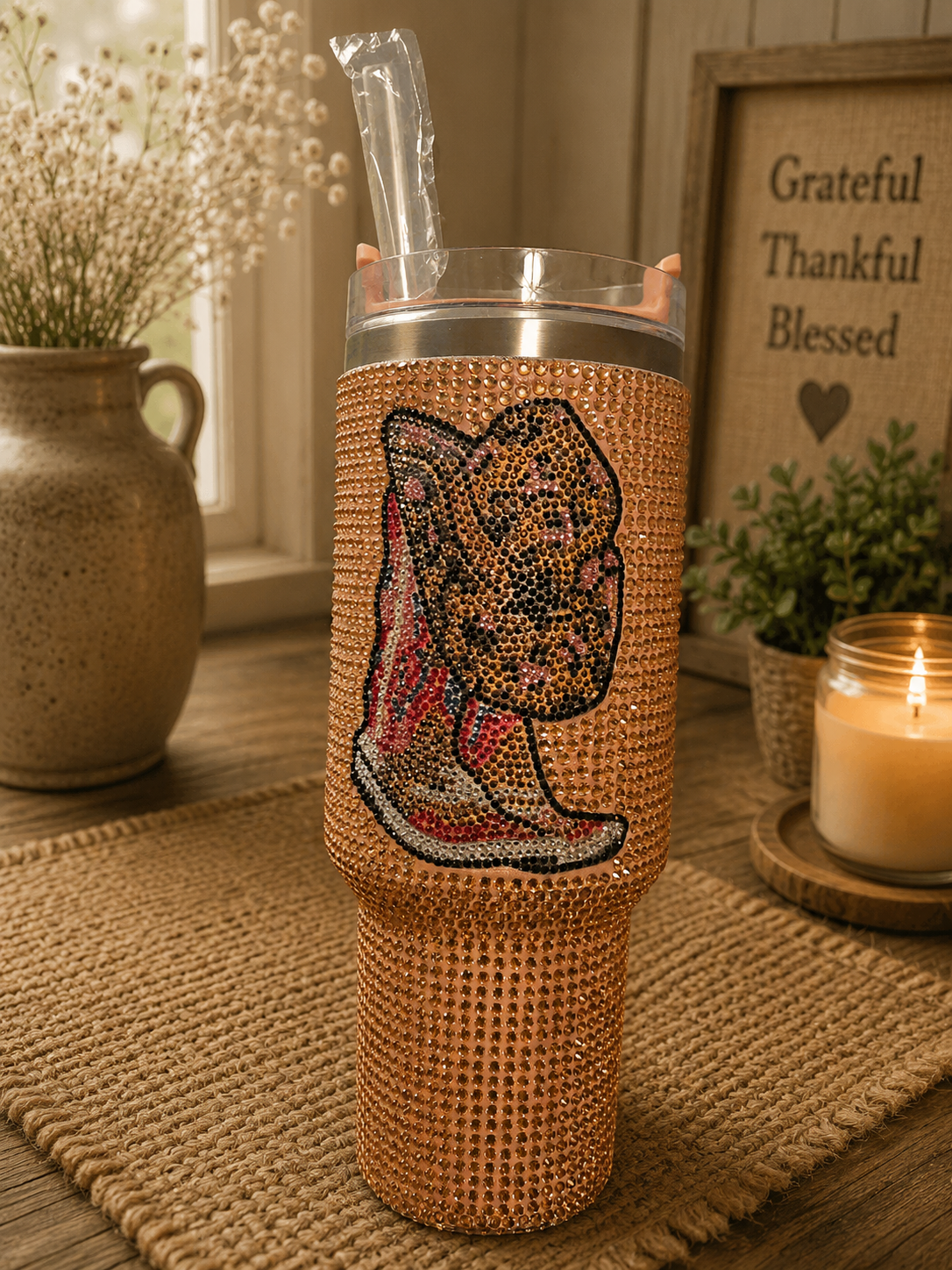 Cowboy Boot Rhinestone 40oz Tumbler with Handle