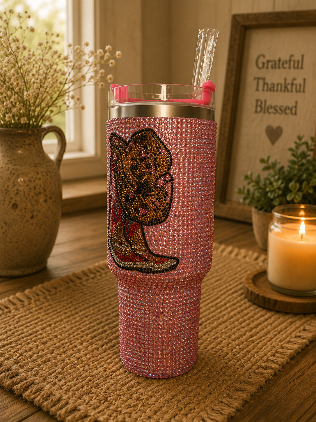 Cowboy Boot Rhinestone 40oz Tumbler with Handle