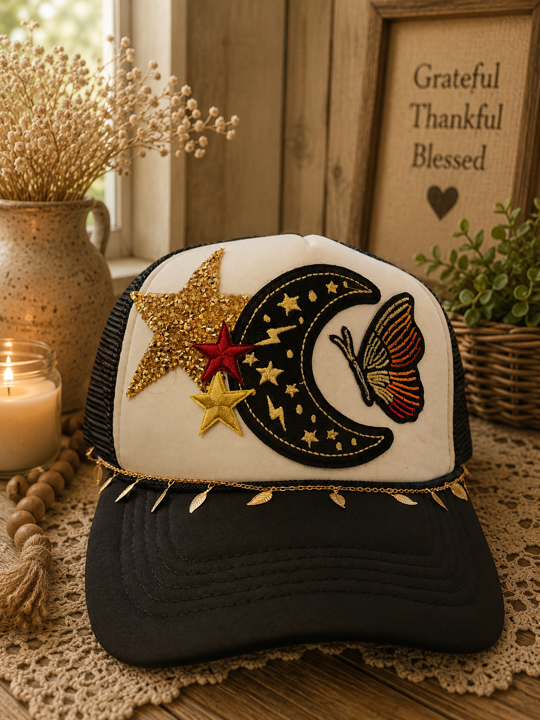 Celestial Moon & Butterfly Patch Trucker Hat