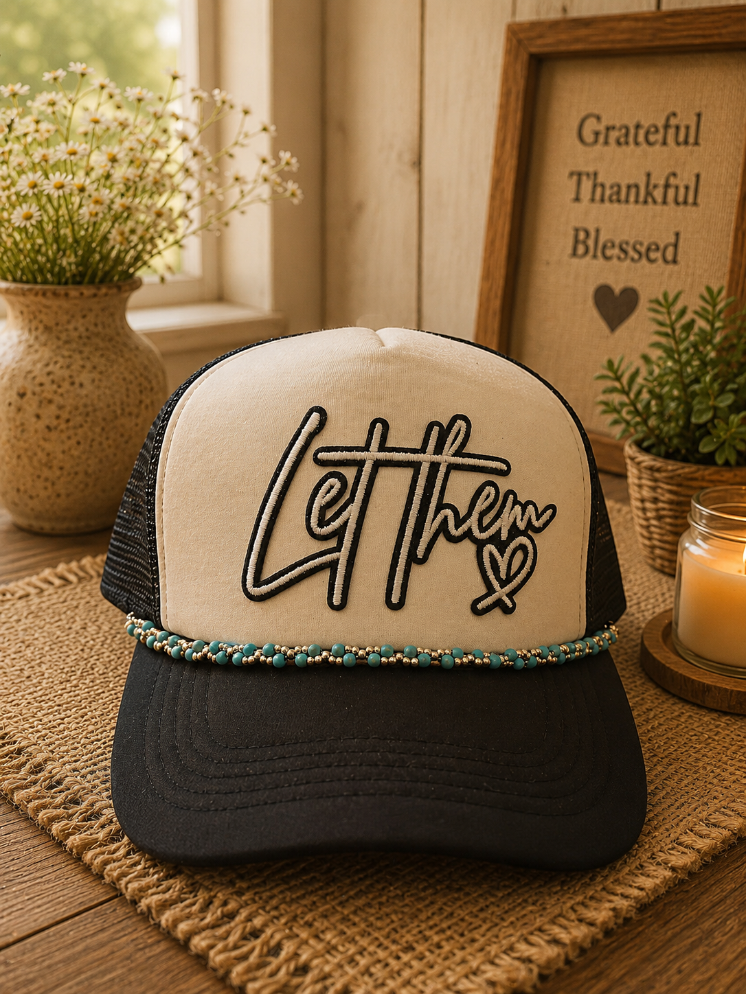 Let Them Embroidered Trucker Hat with Turquoise Bead Brim