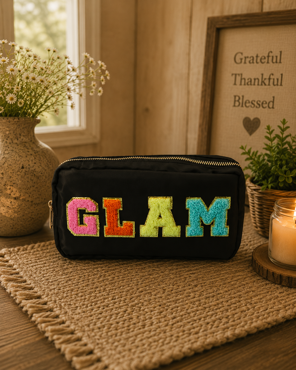 GLAM Chenille Patch Makeup Bag