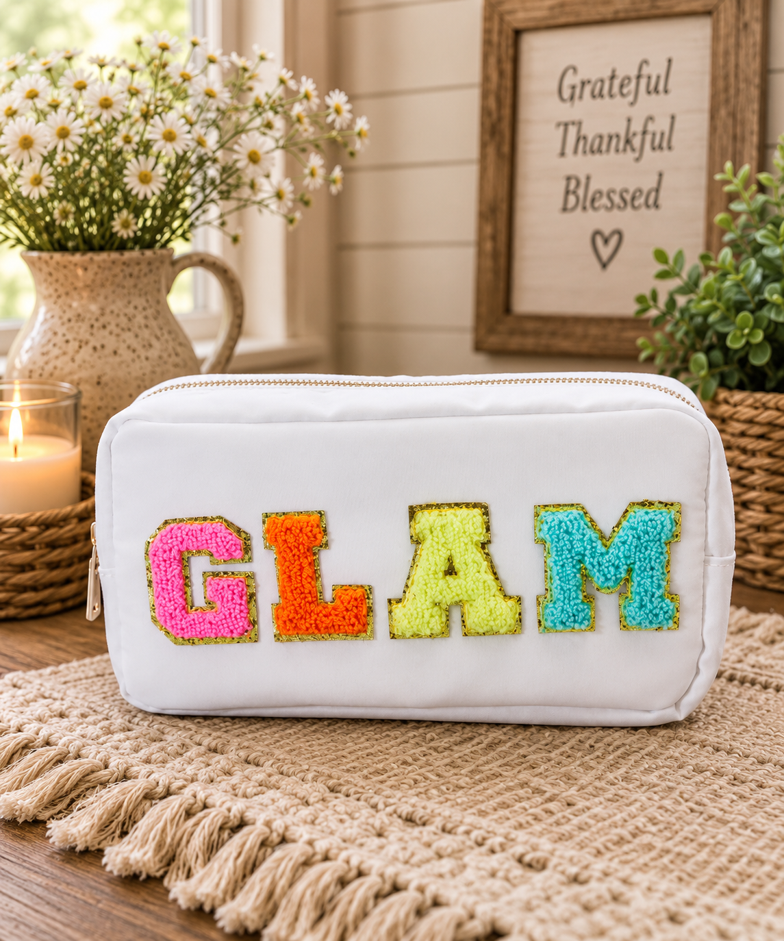 GLAM Chenille Patch Makeup Bag