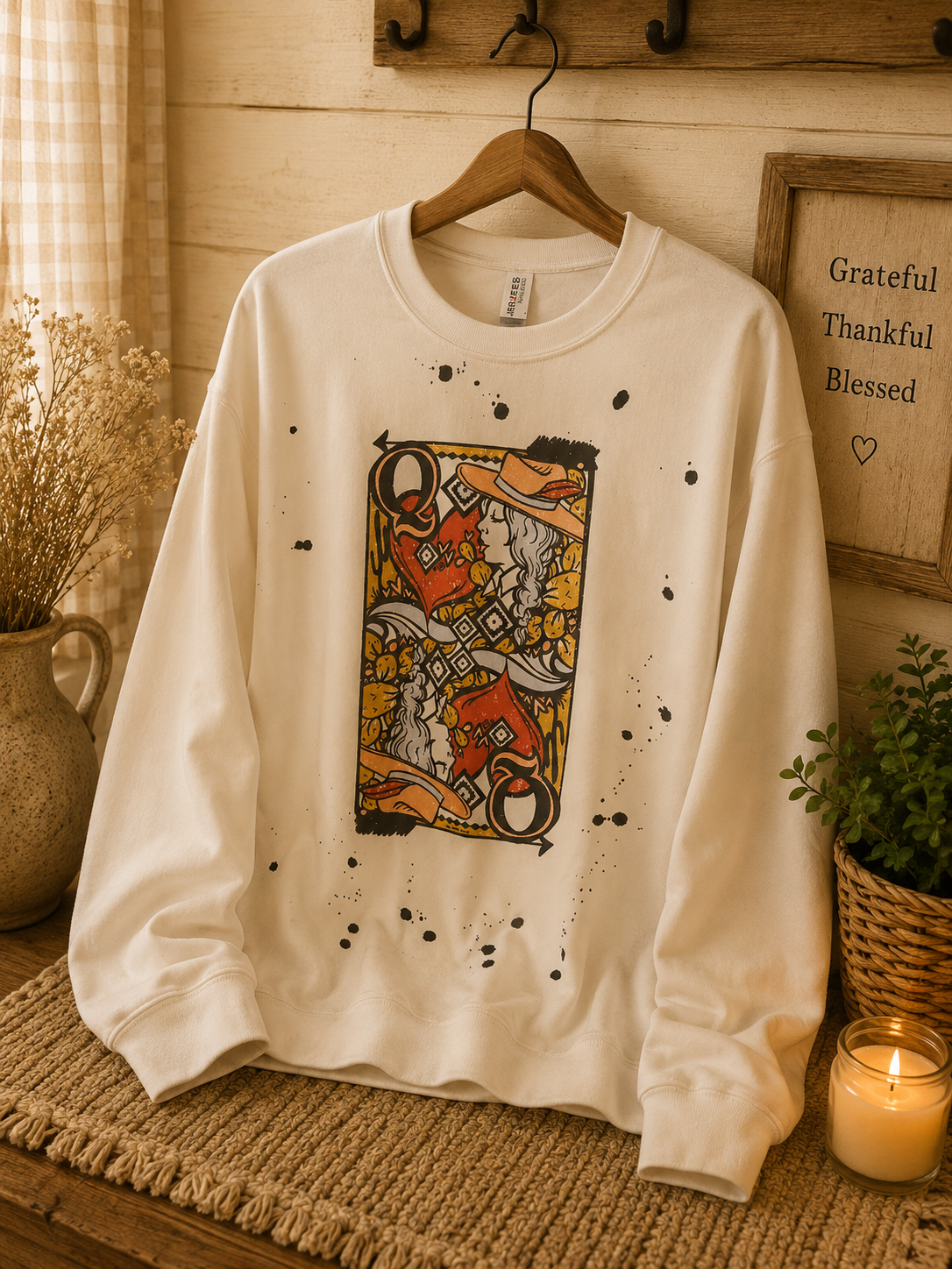 Queen of Hearts Cowgirl Card Splatter Sweatshirt
