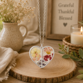 Pressed Flower Peace Heart Silver Pendant Necklace
