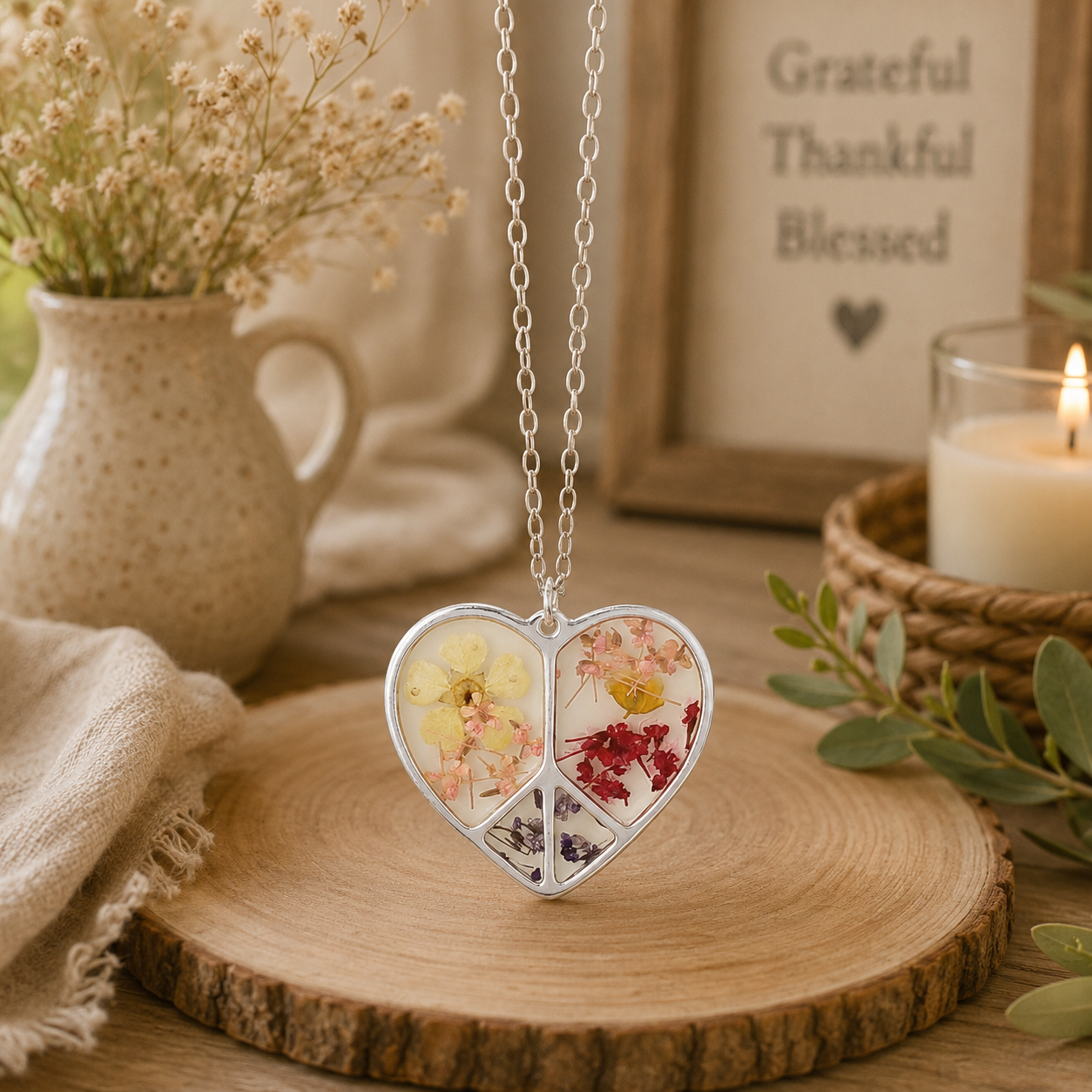 Pressed Flower Peace Heart Silver Pendant Necklace