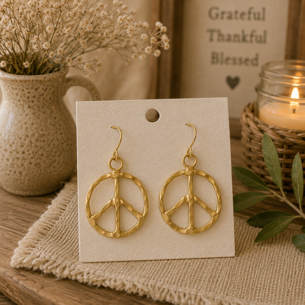 Hammered Peace Sign Drop Earrings