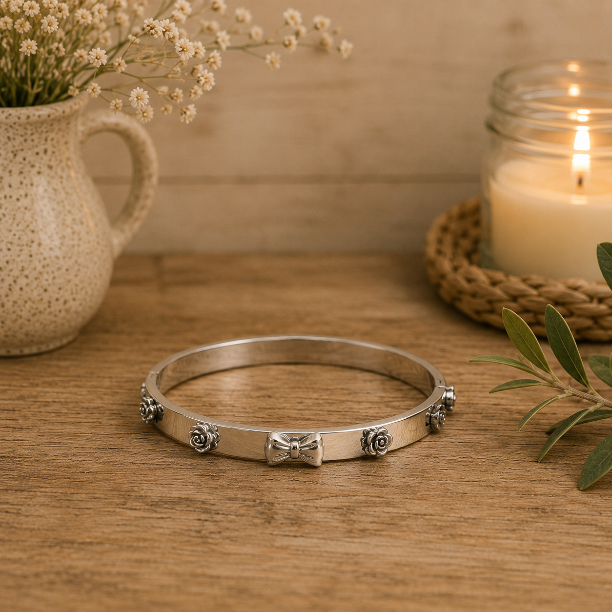 Silver Rose & Bow Bangle Bracelet